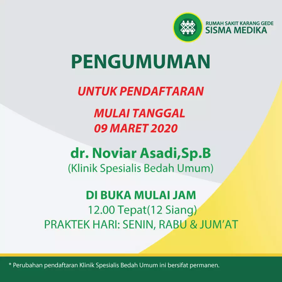 Pengumuman! Perubahan Jadwal Pendaftaran Dokter Spesialis Bedah Umum